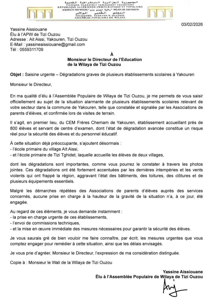 Yakouren ( Tizi-Ouzou ) : Un élu alerte sur la vétusté des établissements scolaires 1 1000127394