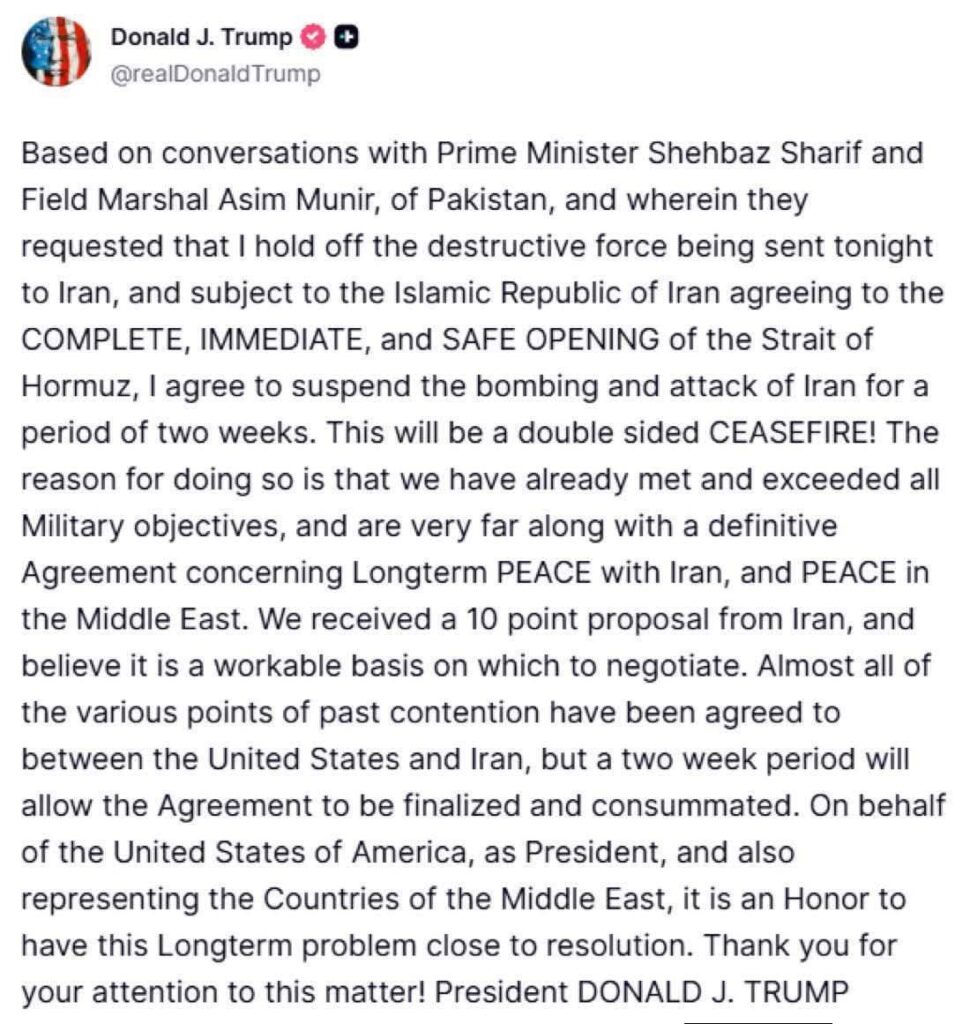 Trêve Iran – États-Unis : Trump suspend les frappes, Téhéran accepte de négocier à Islamabad 1 1000140994