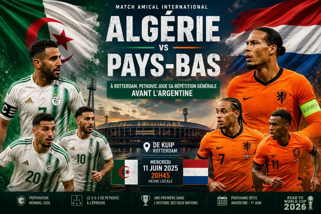 Amical / Pays-Bas vs Algérie : chaînes, heure et date de diffusion Vous trouverez dans cet article toutes les informations (chaînes, heure, etc...) pour suivre le match amical entre les Pays-Bas et l'Algérie.